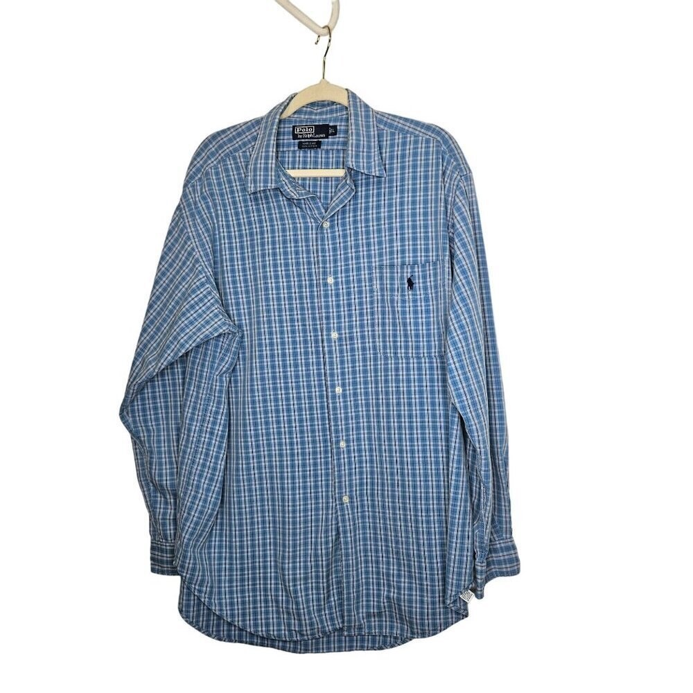 Polo By Ralph Lauren Mens Blue Plaid Button-Down Long Sleeve Shirt Size L Cotton